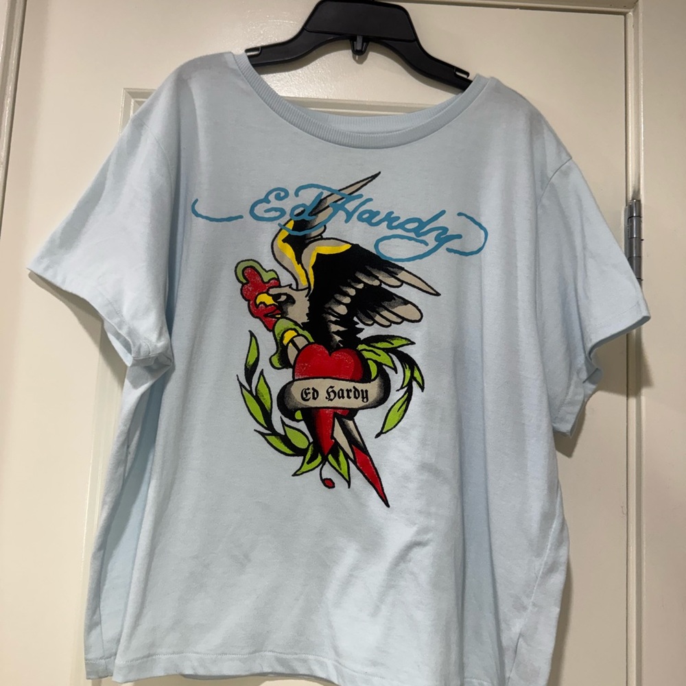 Ed Hardy Light Blue Tee with Heart, Bird & Banner Graphic